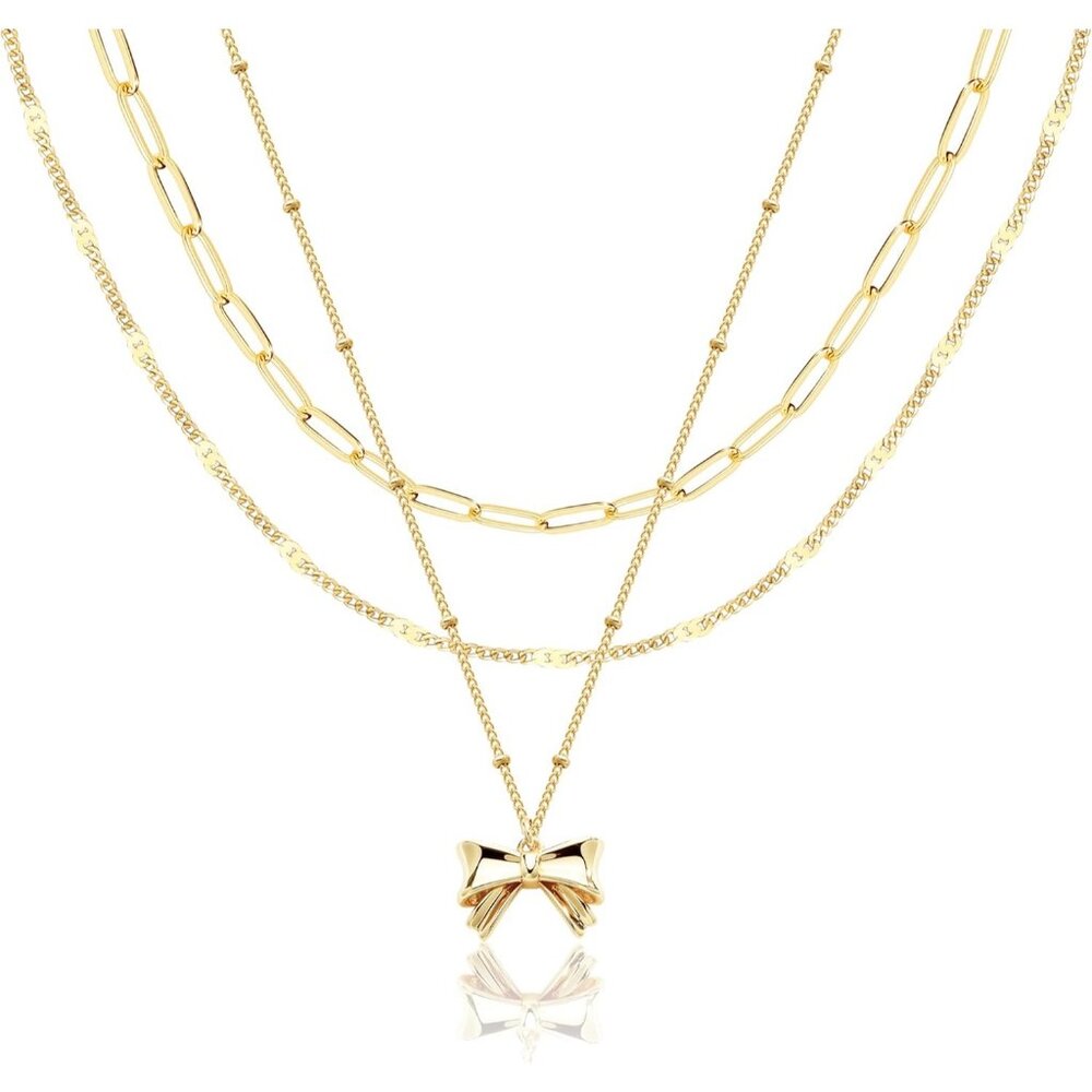 Women's Gold Bow Layered Necklaces Simple Paperclip Choker Dot Chain Jewelry